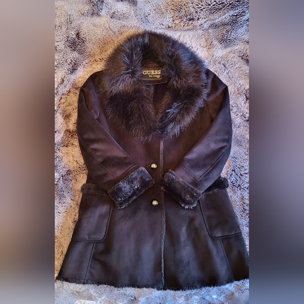 Guess Faux Fur Black Coat Large
